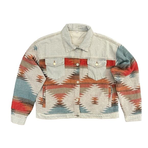Denim Aztec Jacket Southwestern Light Blue Denim Jacket Crop Coat Women's M NEW - Picture 1 of 12